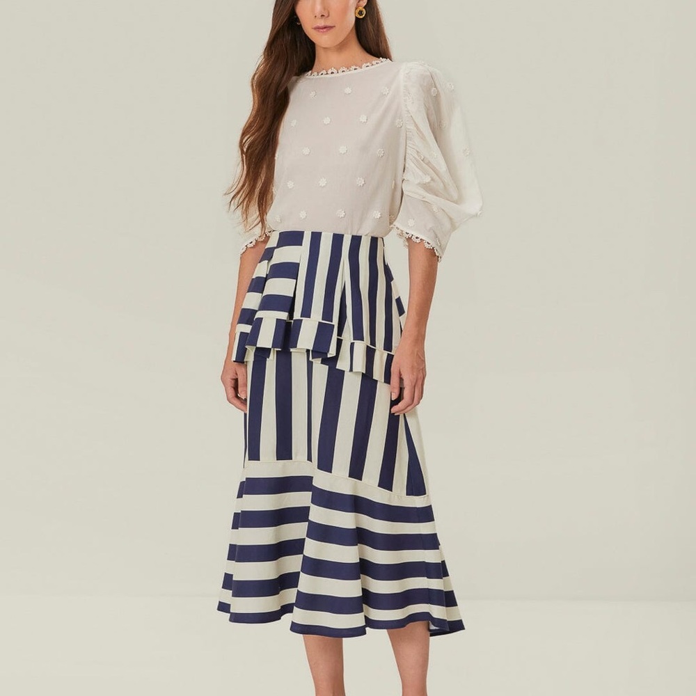 NWT—FARM Rio—Blue Mixed Stripes Midi Skirt